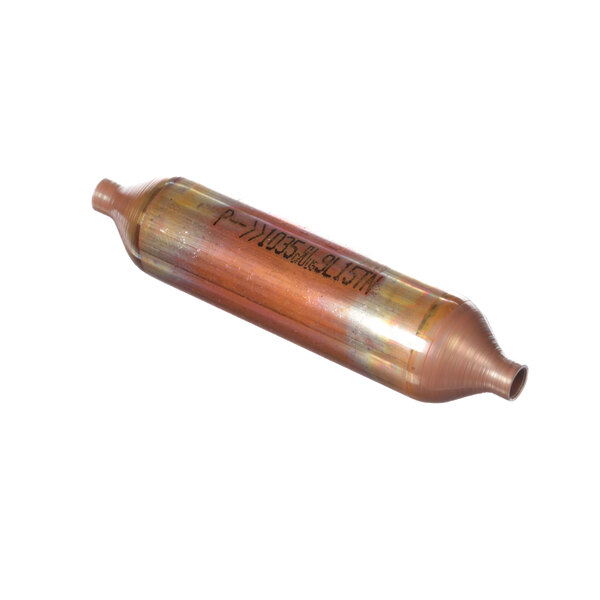 A copper tube with a metal cap on it, labeled Master-Bilt Parker Hannifin Drier.