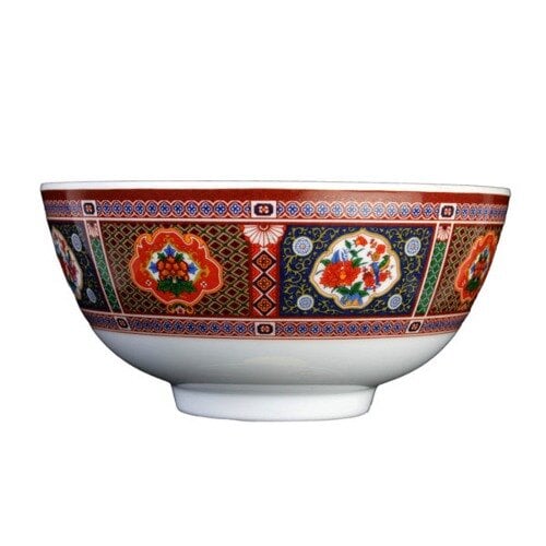 A close-up of a Thunder Group Peacock melamine rice bowl with a colorful pattern of peacocks and flowers.