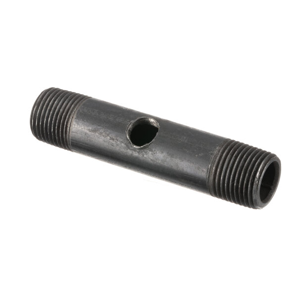 A close-up of a black metal Imperial manifold pipe with a hole in it.