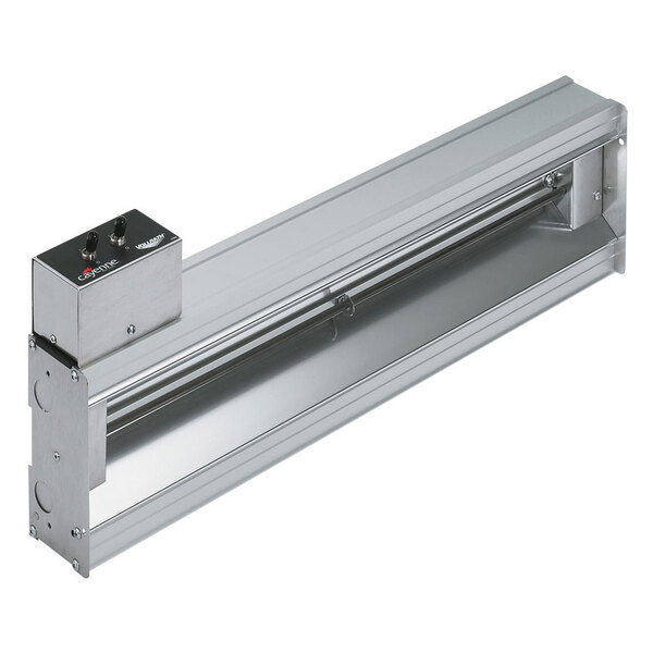 A silver rectangular Vollrath infrared food warmer with a metal strip inside.