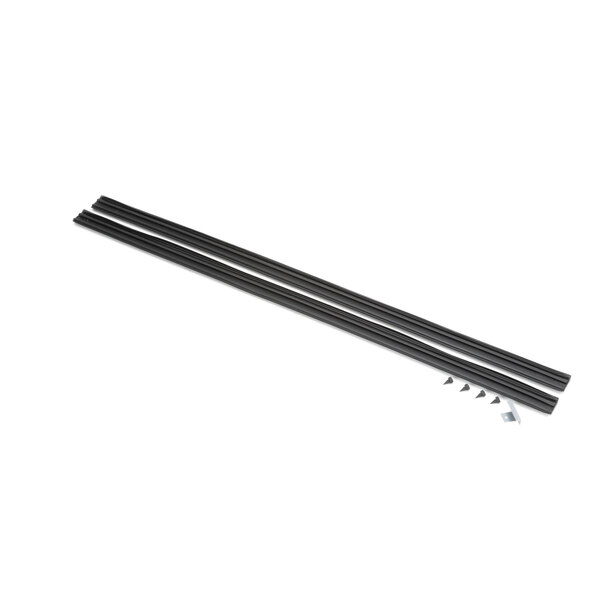 A pair of black rubber strips with screws.