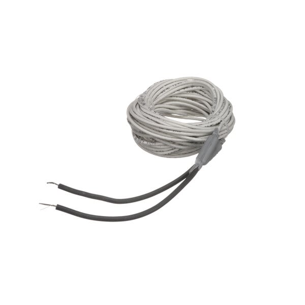 A coil of grey wire with a white wire and two black wires.
