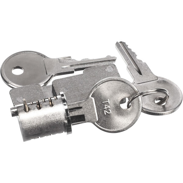 A pair of keys and a True Refrigeration lock kit on a white background.