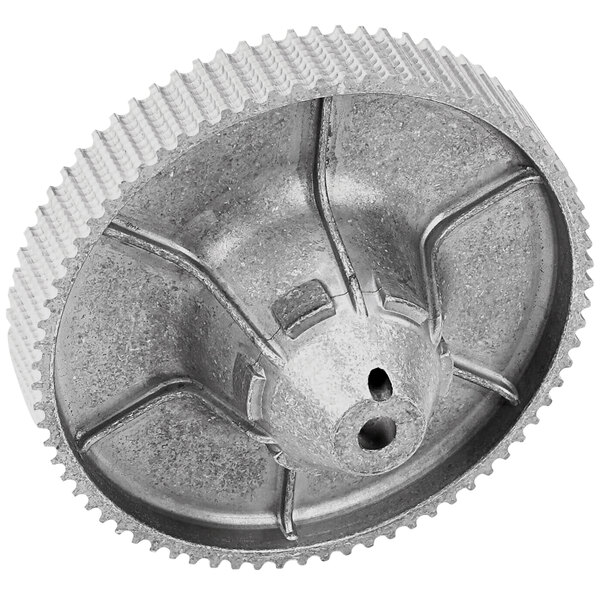 A grey metal Robot Coupe shaft pulley with a hole in it.