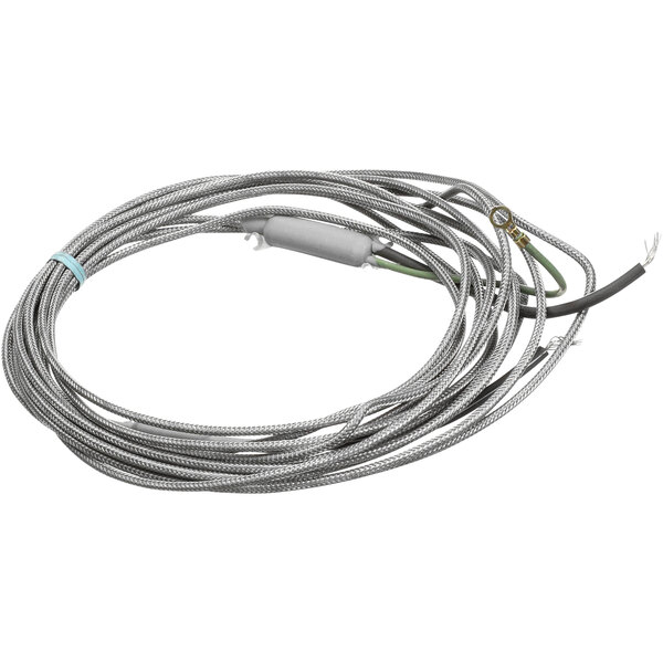 A silver International Cold Storage heater wire with a wire connector.