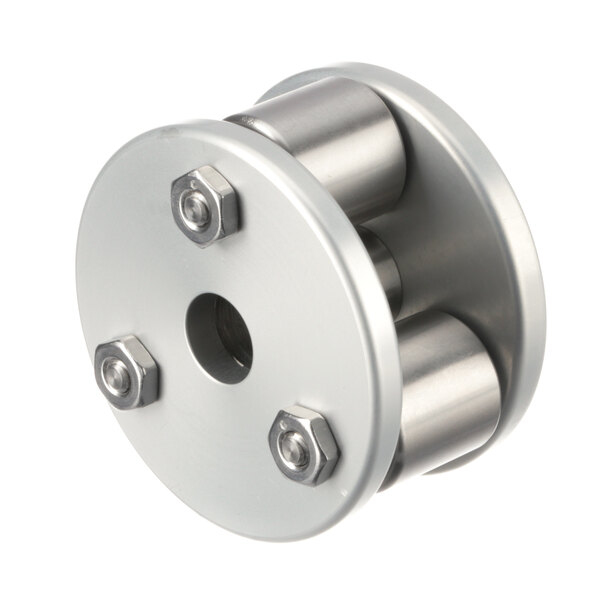 A metal wheel with bolts and a stainless steel threaded coupling.