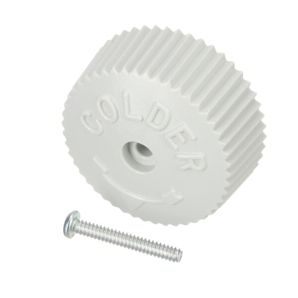 A white plastic wheel with a screw used for adjusting Glastender refrigeration settings.