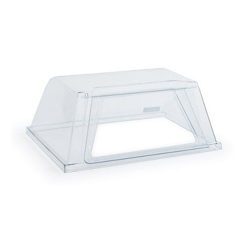 A clear plastic container with a clear lid over a roller grill.