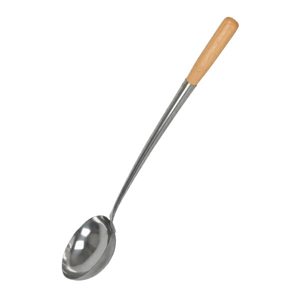 A long metal ladle with a wooden handle.