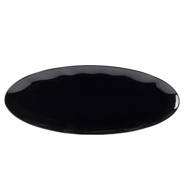 A black oval platter with a black pearl design on a white background.