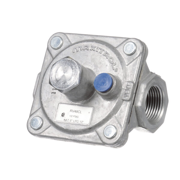 A metal APW Wyott regulator with blue and white buttons.
