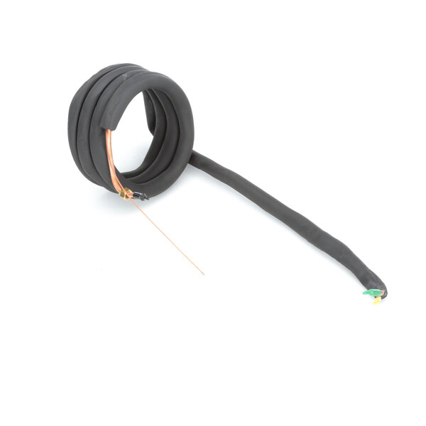A black coiled cable with a green wire on it.