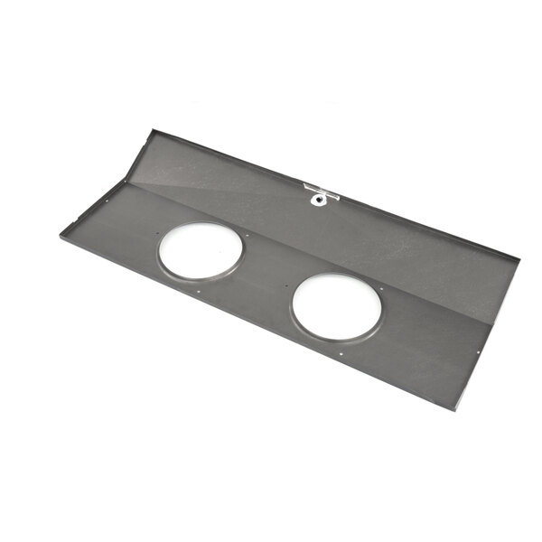 A grey rectangular metal plate with two circles on it.