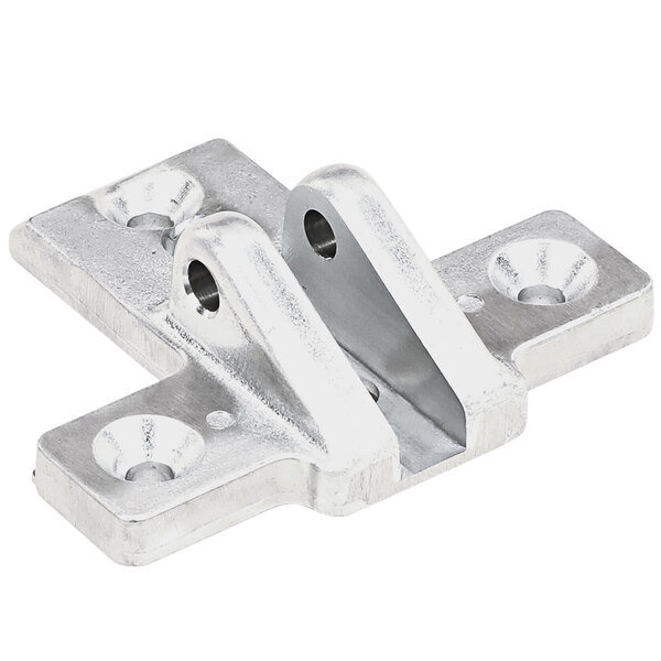 A pair of stainless steel Hobart pawl brackets with two holes.