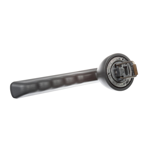 A BKI door knob assembly with a black plastic handle and metal knob.