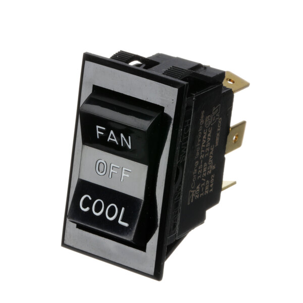 A black Montague fan switch with white text.