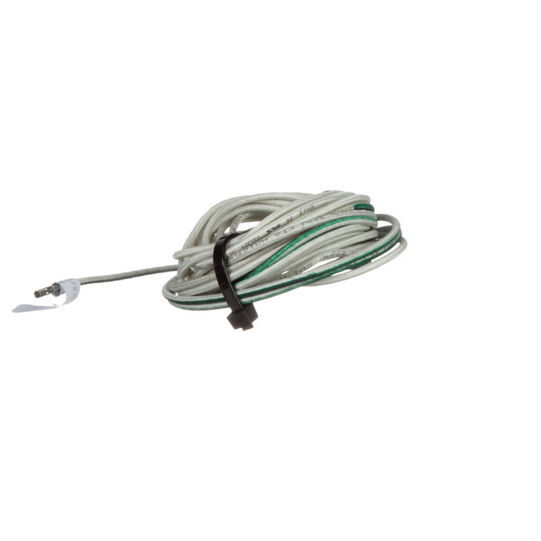 A coiled white cable with green and black wires.