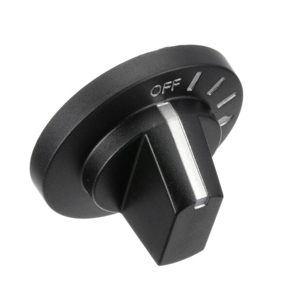 A black Bakers Pride knob with the word "off" in white.