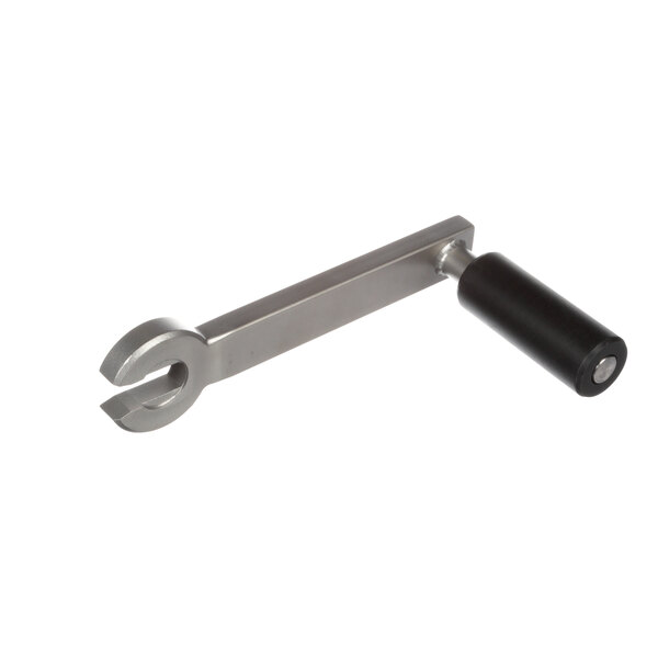 A metal crank handle with a black grip.