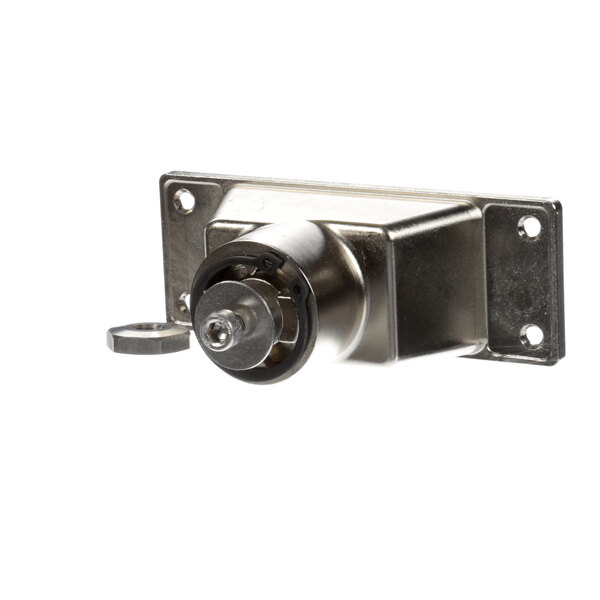 A stainless steel metal latch with a round metal piece on a metal object.