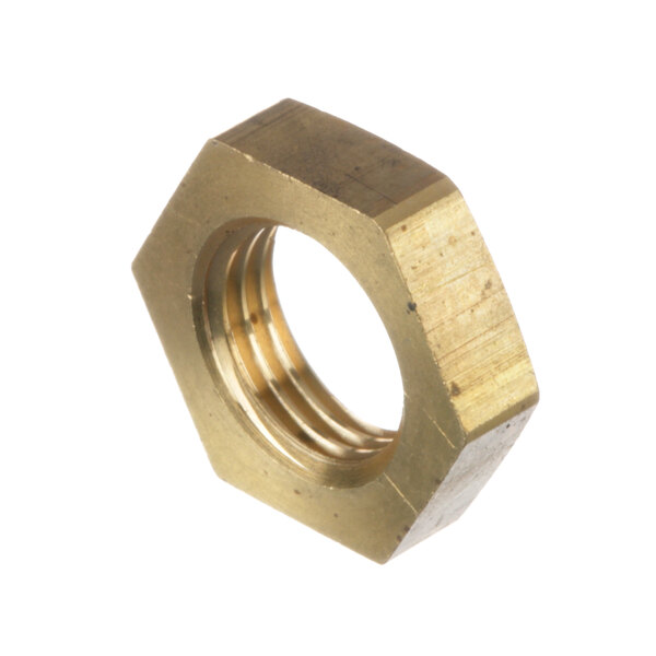 A close-up of a brass Southbend jam nut with a hexagonal shape.