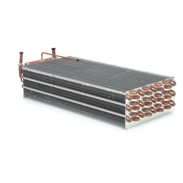 A close-up of a Norlake evaporator coil, a metal rectangular object with copper pipes.