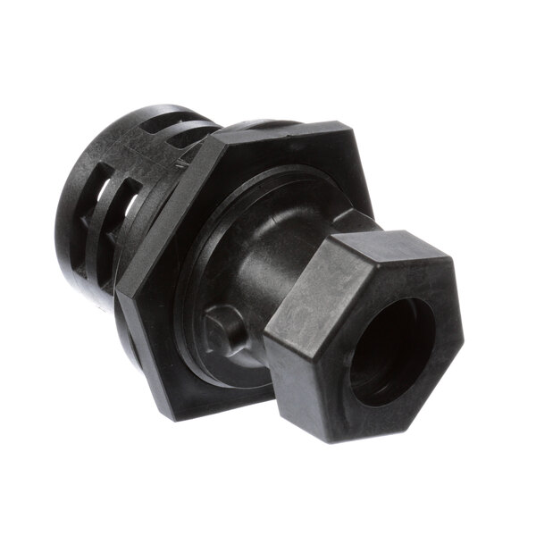 A black plastic threaded connector with a hexagon on a black plastic pipe.