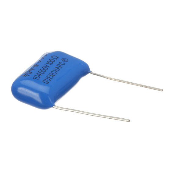 A blue capacitor with two metal wires.