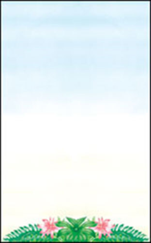 Menu paper with a blue sky and white clouds on the top and bottom and green leaves on the sides.