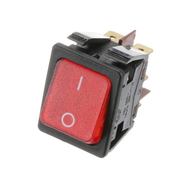 A close-up of a red Moyer Diebel rocker switch with white text.