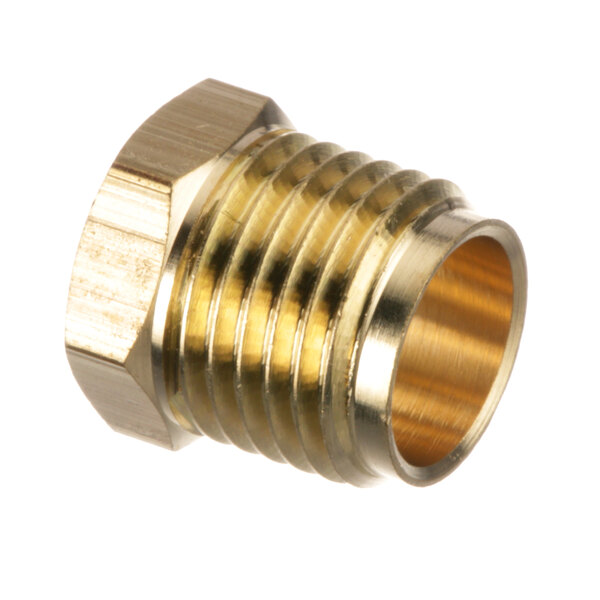 A close-up of a gold threaded brass nut.