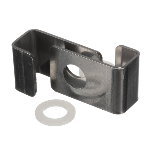 A True Refrigeration retainer clip with a white plastic gasket and a metal bracket with a hole.