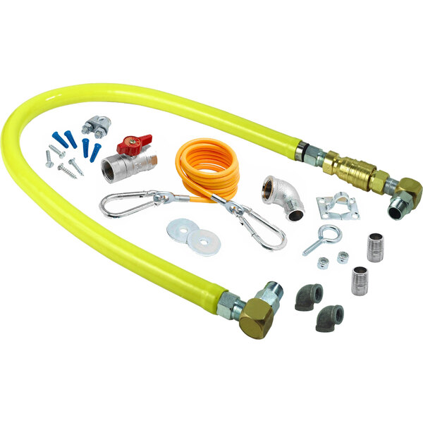 A yellow T&S Safe-T-Link gas hose with installation kit and other parts.