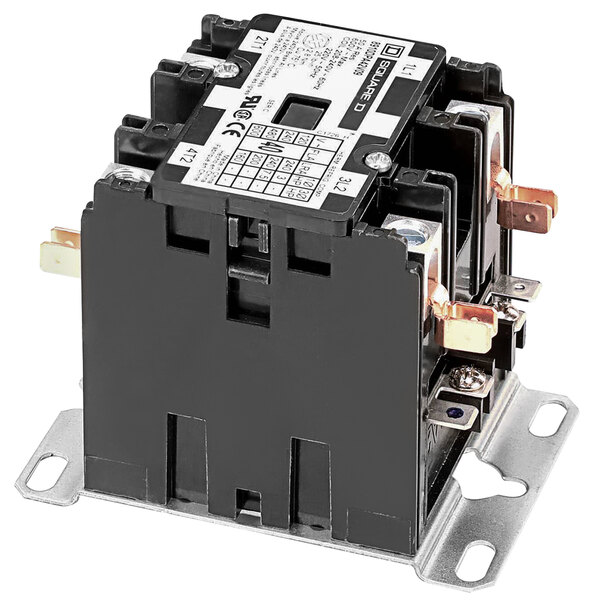 A close-up of a black and white Vulcan 2-pole contactor with two terminals.