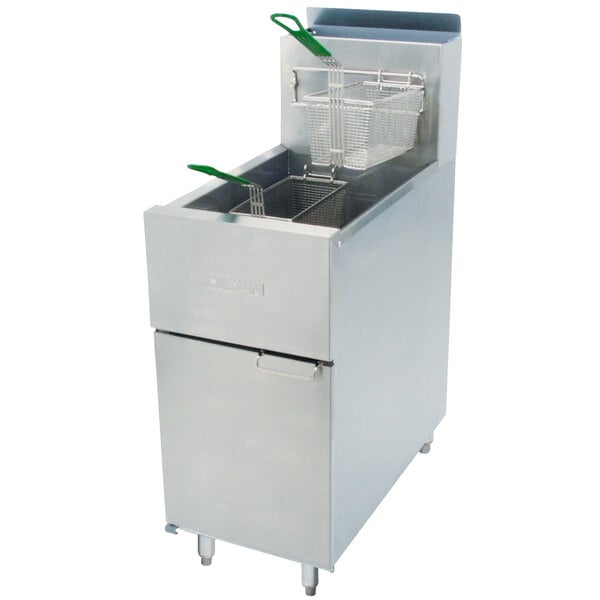 A Dean stainless steel floor gas fryer with green handles and a basket.