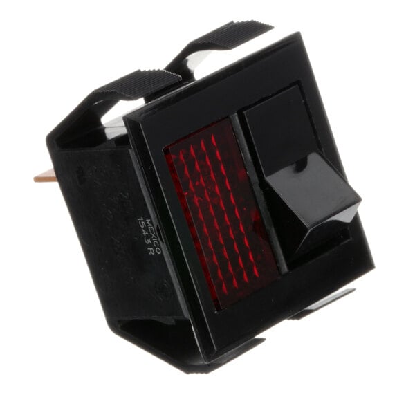 A black rectangular power switch with a red light.