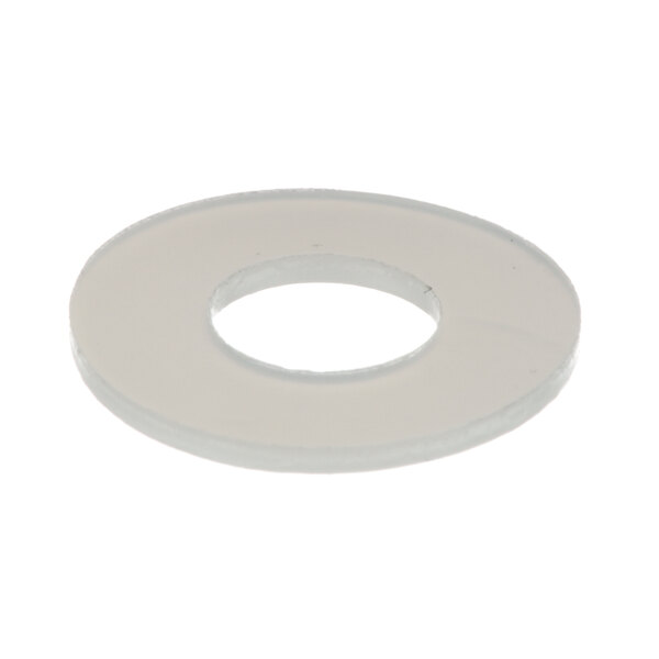 A white round plastic washer with a hole in it.