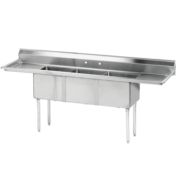 A stainless steel Advance Tabco 3-compartment sink with two drainboards.