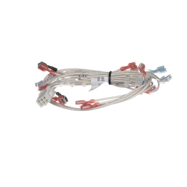 A white Vulcan main wiring harness with red and blue wires.