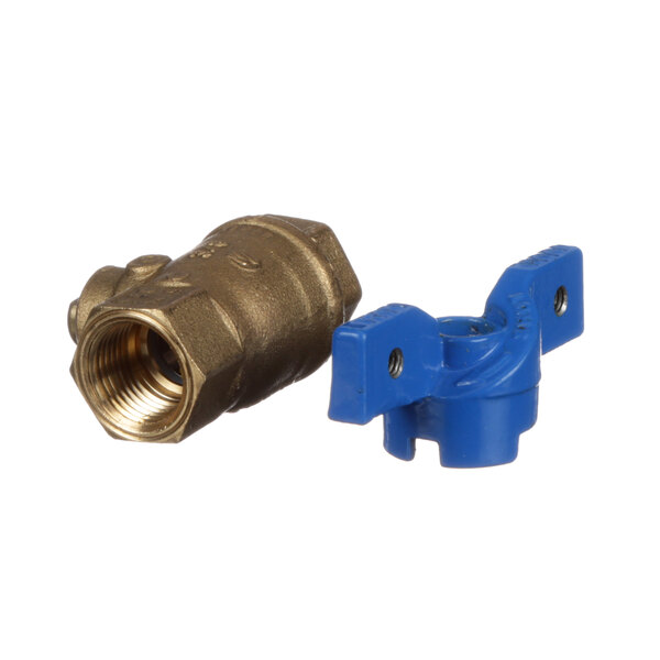 A blue and brass Anets water valve with blue fittings.