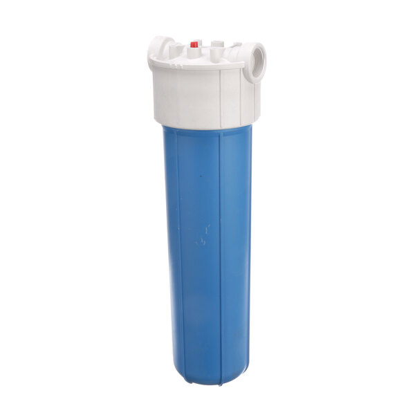 A blue water filter with a white lid.