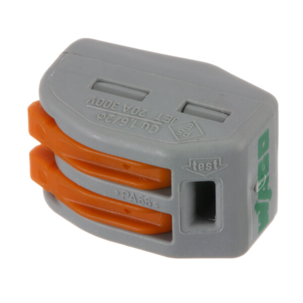 A close up of a grey and orange Alto-Shaam plastic connector.