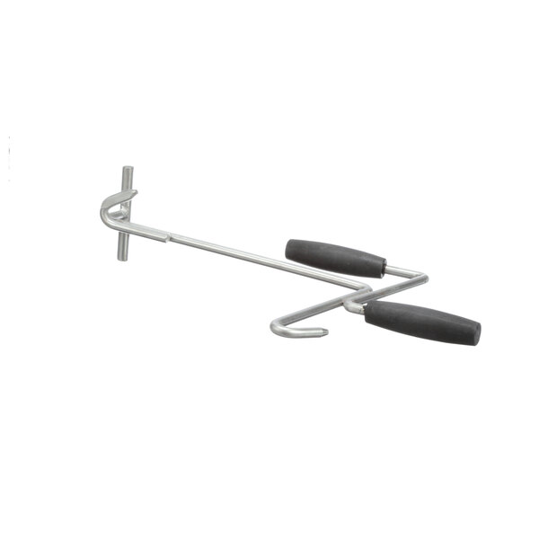 A metal hook with black handles.