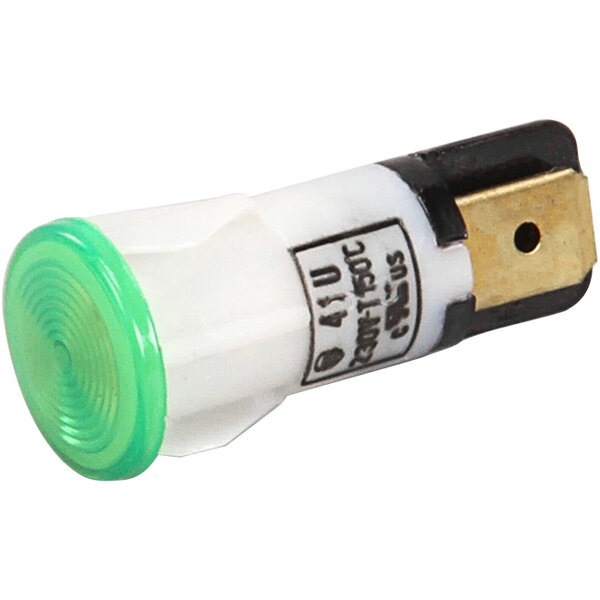 A close up of a white and green device with a white label with black text and a green light bulb.