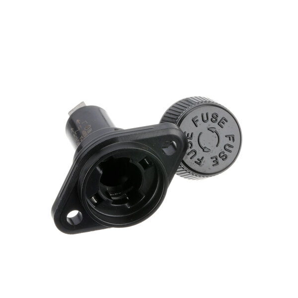 A black plastic Lang fuse holder with a ring and a black button.