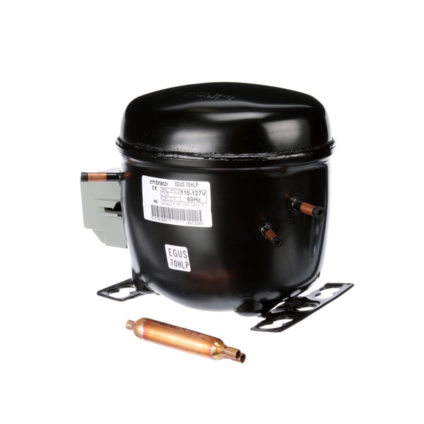 A black and silver air compressor with copper accents.