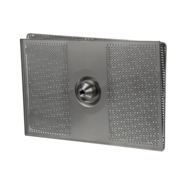 A stainless steel metal plate with holes.