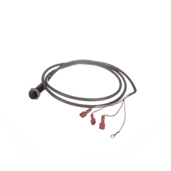 A cable with red, black, and white wires and red connectors on a white background.