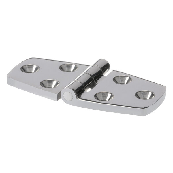 A close-up of a silver Somat stainless steel hinge with four holes.