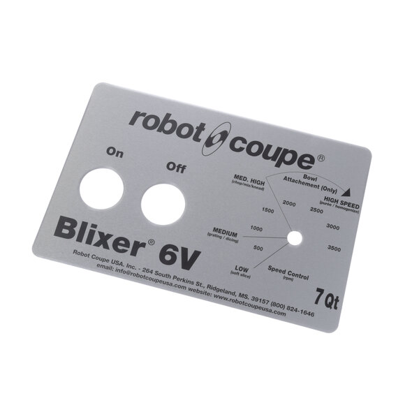 A white Robot Coupe front plate button with the words Robot Coupe on it.